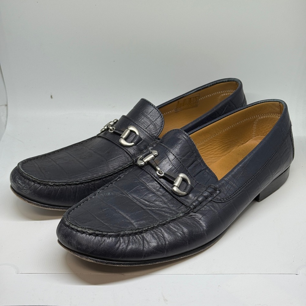 Donald Pliner Mens Blue Embossed Leather Bit Loafer Shoes 11.5M Made in Italy